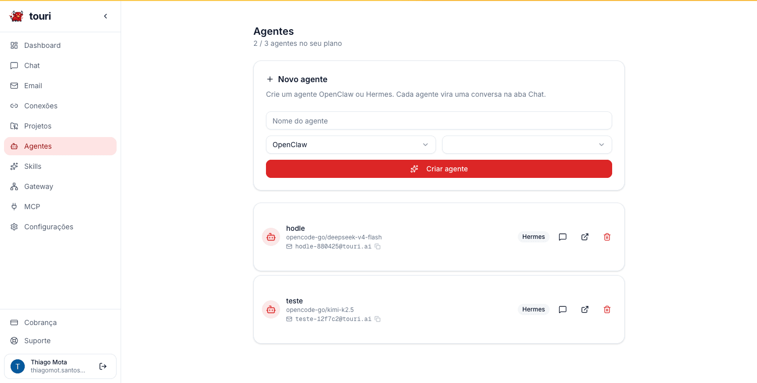 Painel do Touri — seus agentes OpenClaw e Hermes, cada um com seu e-mail